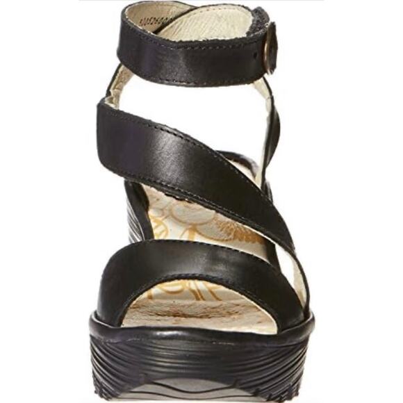FLY London Yesk Black Leather Ankle Wrap strappy wedge rip and grip eu sz 38 - Picture 12 of 16